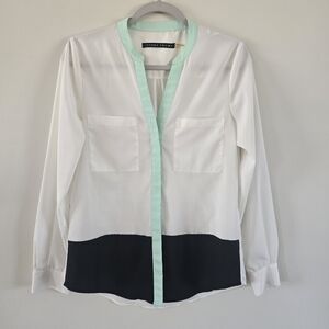 White and Black Blouse with Mint Trim
